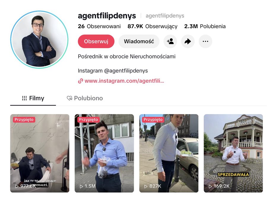 Profil TikTok agentfilipdenys — 87,9K obserwujących, 2,3M polubień